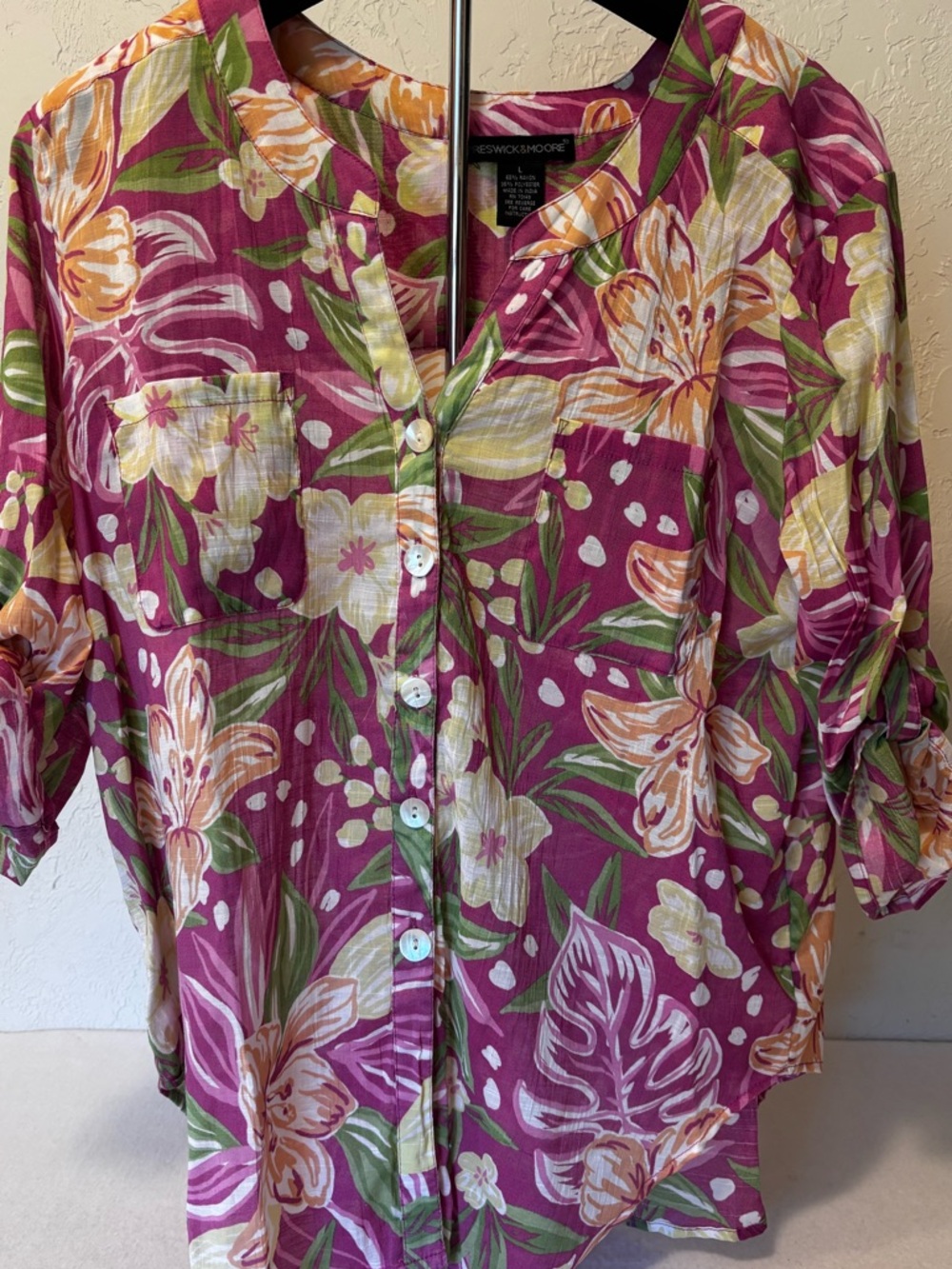 Preswick & Moore Tropical Floral Blouse Pink Button Front Roll Sleeve L